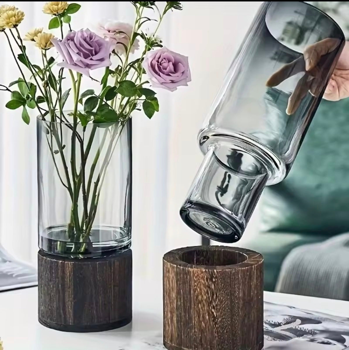 Vase en Verre & Base en Bois – Hydroponique Décoratif