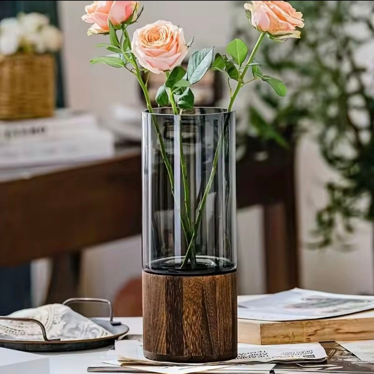 Vase en Verre & Base en Bois – Hydroponique Décoratif