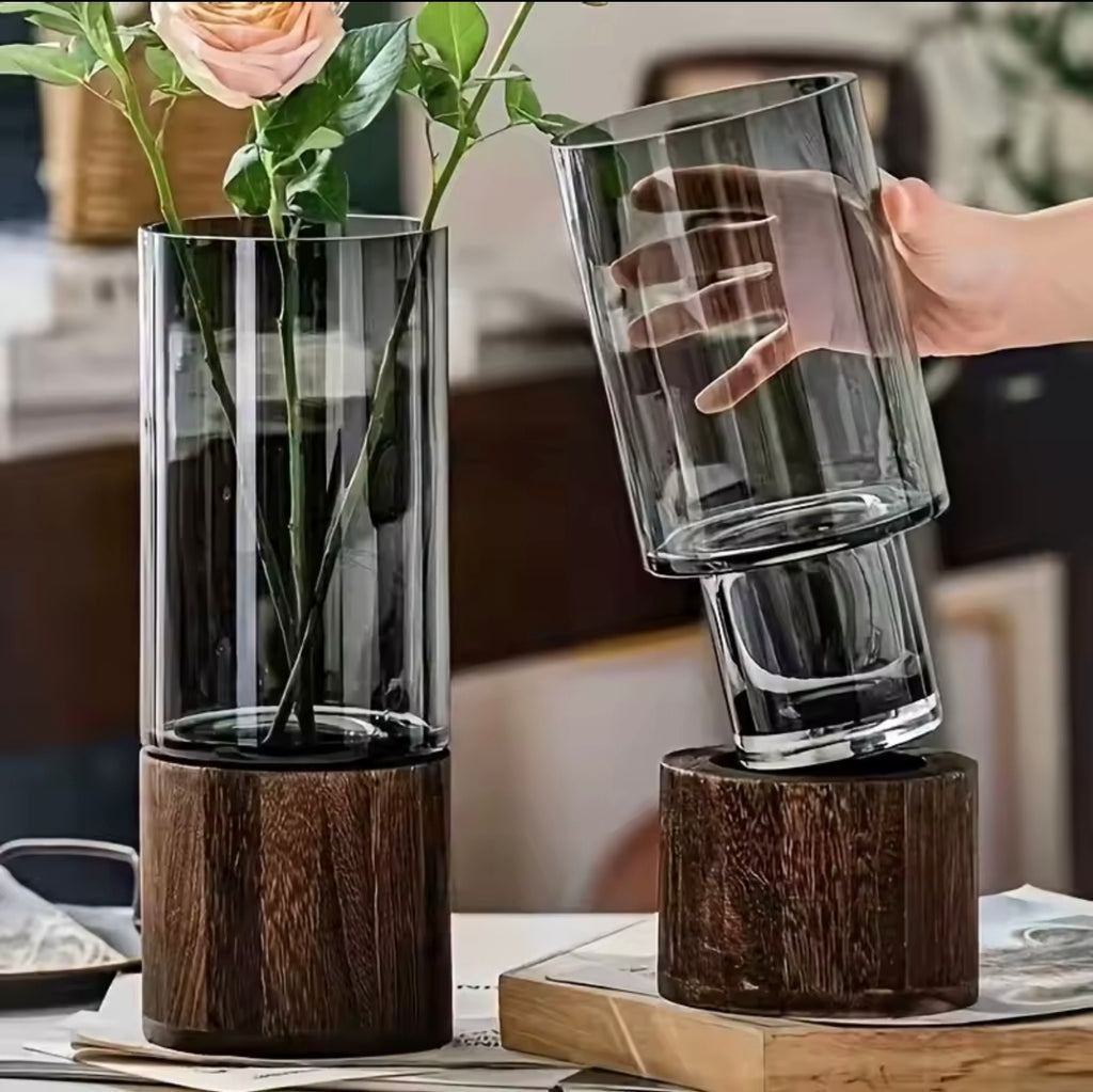 Vase en Verre & Base en Bois – Hydroponique Décoratif