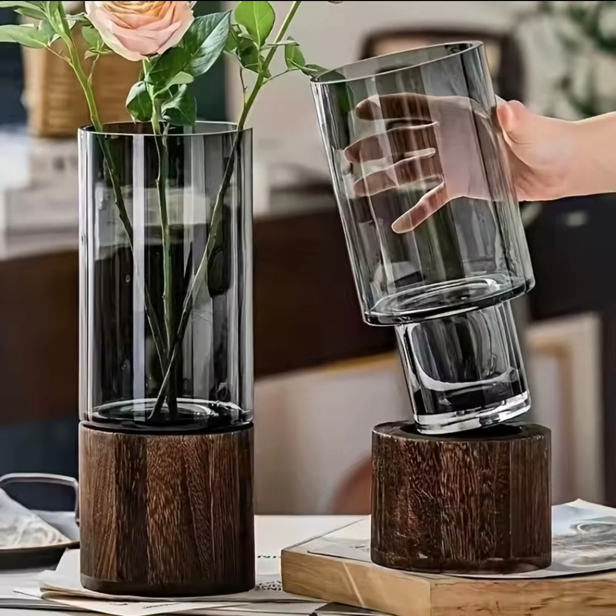 Vase en Verre & Base en Bois – Hydroponique Décoratif