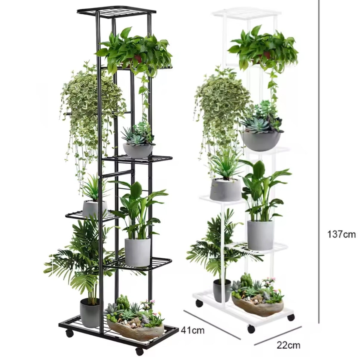 Support à plantes en fer 7 niveaux avec roulettes – Vue de côté | VerdeForm