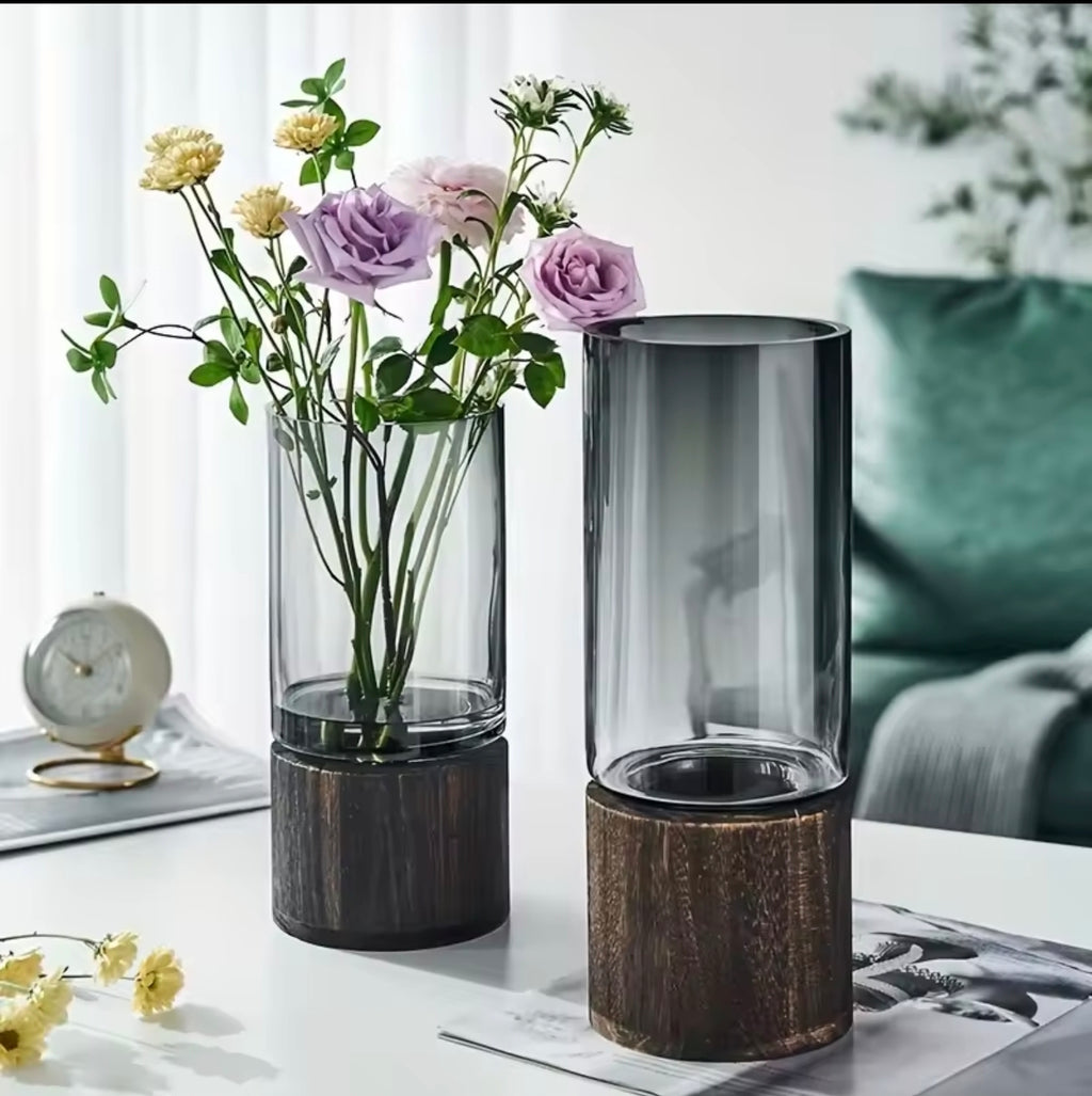 Vase en Verre & Base en Bois – Hydroponique Décoratif
