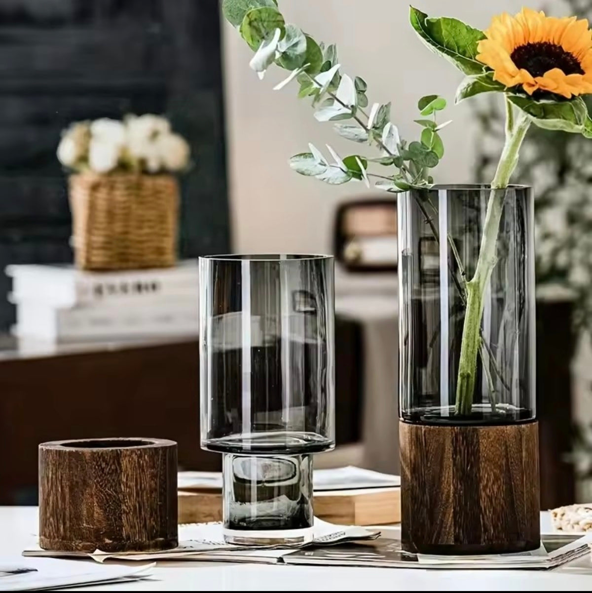 Vase en Verre & Base en Bois – Hydroponique Décoratif
